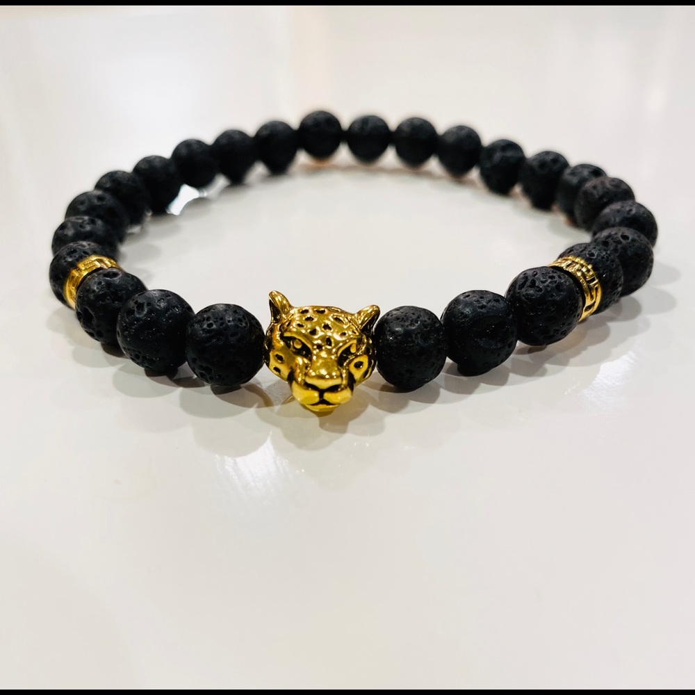 Men's Volcanic Lava stone bracelet w/ Leopard head